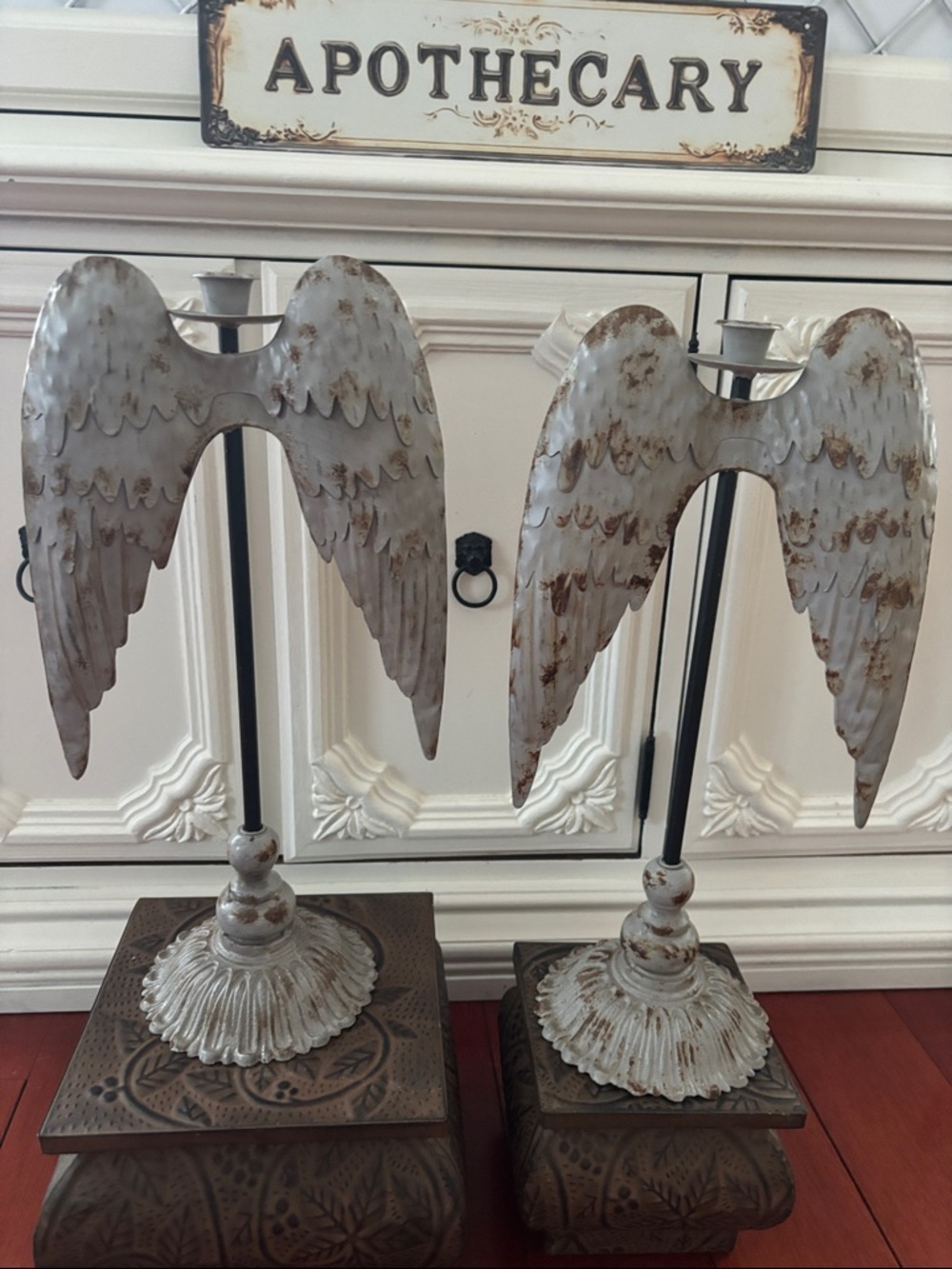 Distressed White Angel Wing Candle Holders - Pair